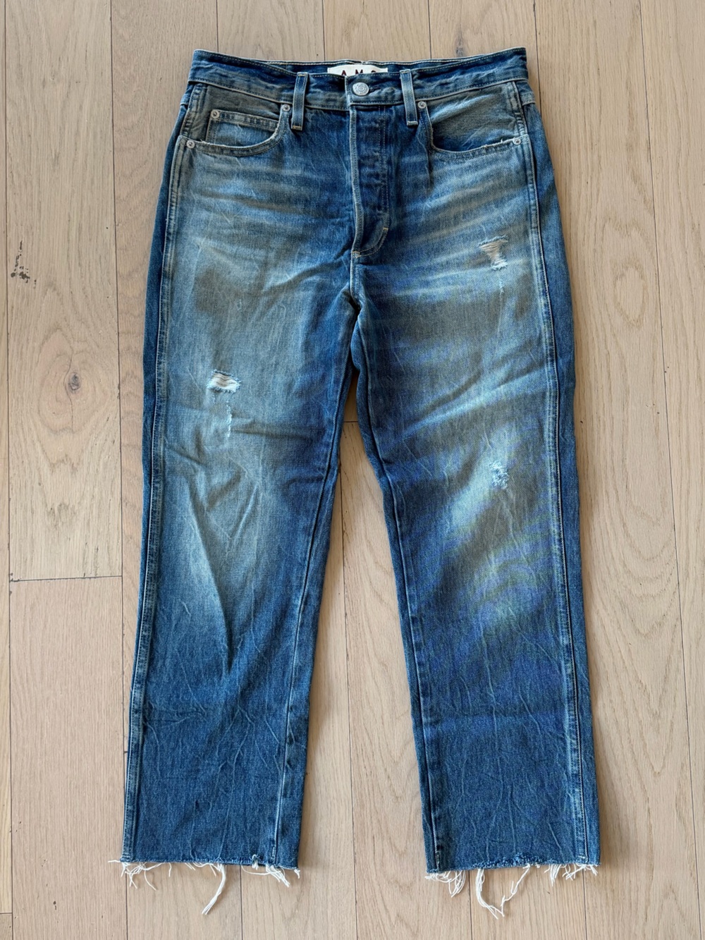AMO Distressed Blue Straight-Leg Jeans. Size 28. Like new!
